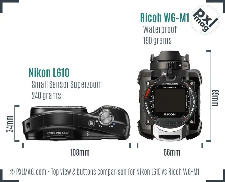 Nikon L610 vs Ricoh WG-M1 top view buttons comparison