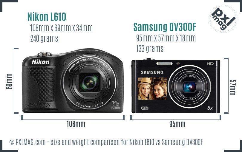Nikon L610 vs Samsung DV300F size comparison