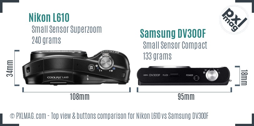 Nikon L610 vs Samsung DV300F top view buttons comparison