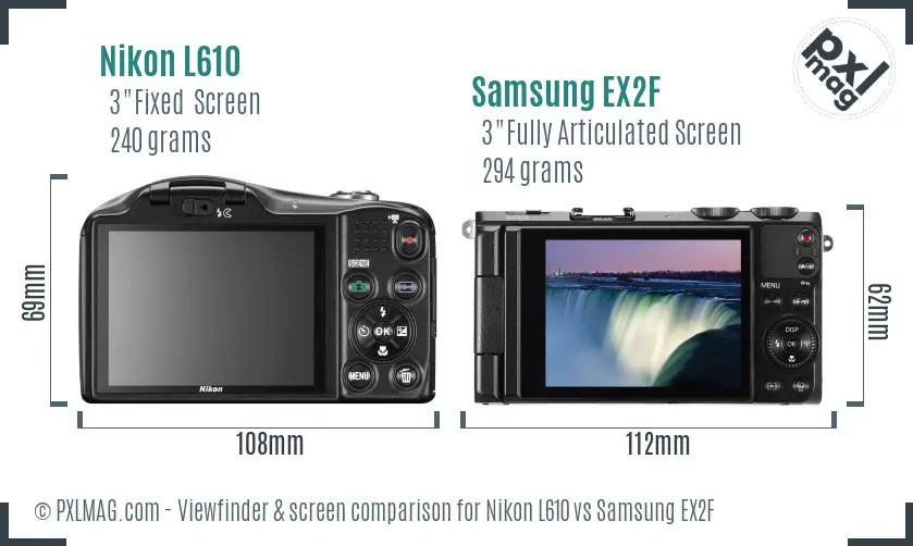 Nikon L610 vs Samsung EX2F Screen and Viewfinder comparison