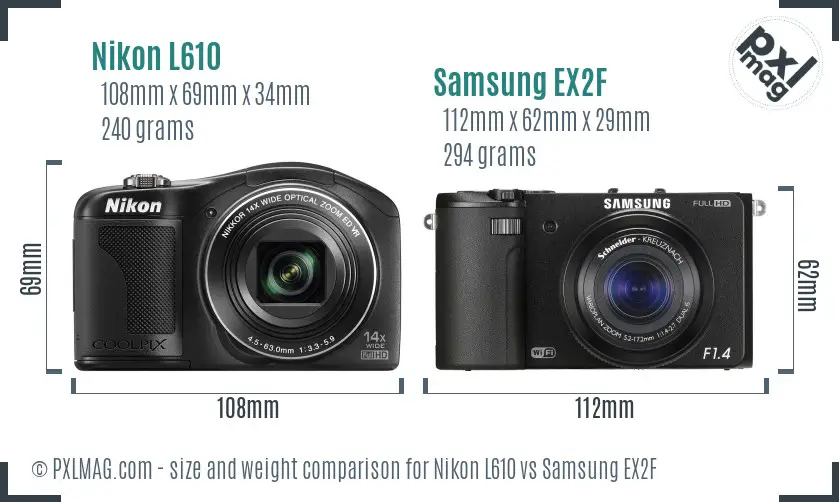 Nikon L610 vs Samsung EX2F size comparison