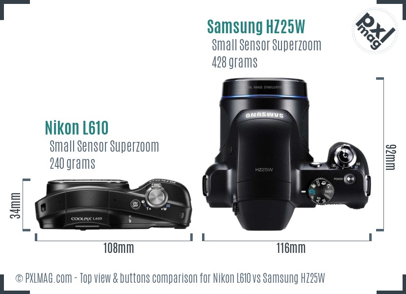 Nikon L610 vs Samsung HZ25W top view buttons comparison