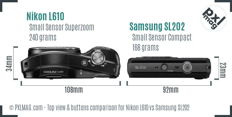 Nikon L610 vs Samsung SL202 top view buttons comparison