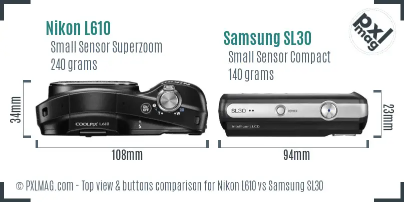 Nikon L610 vs Samsung SL30 top view buttons comparison