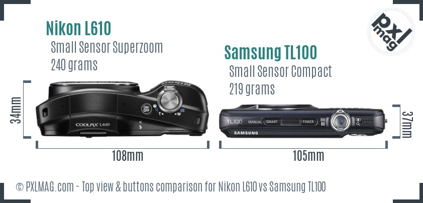 Nikon L610 vs Samsung TL100 top view buttons comparison