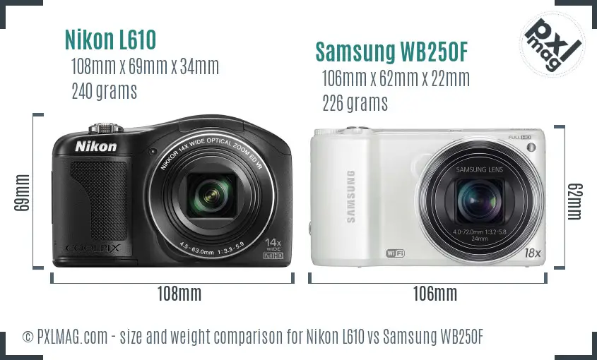 Nikon L610 vs Samsung WB250F size comparison