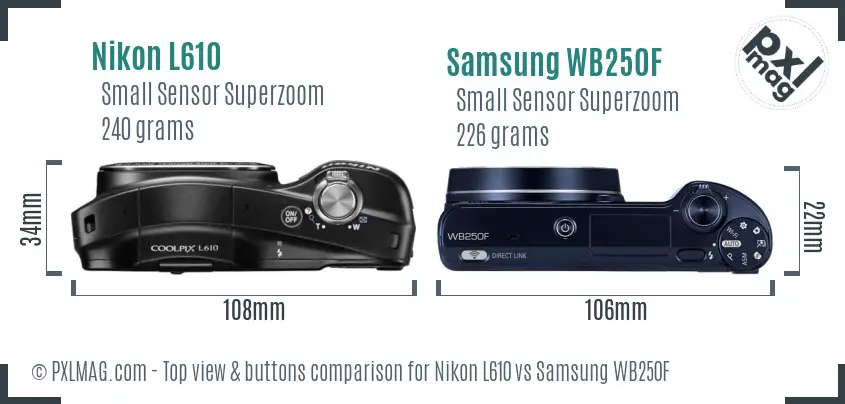 Nikon L610 vs Samsung WB250F top view buttons comparison