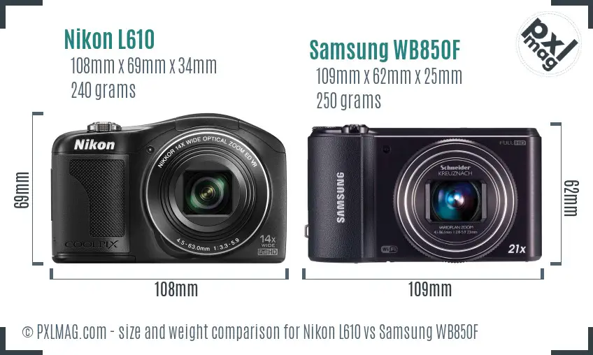 Nikon L610 vs Samsung WB850F size comparison