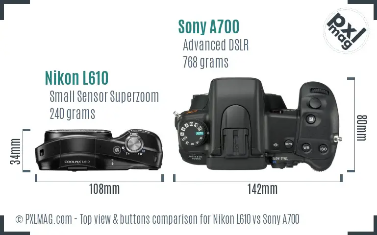 Nikon L610 vs Sony A700 top view buttons comparison