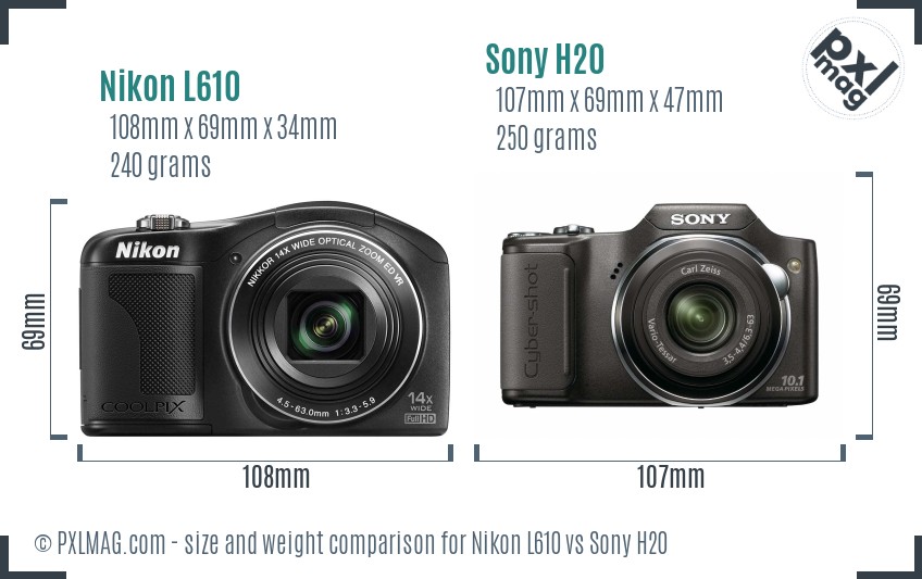 Nikon L610 vs Sony H20 size comparison