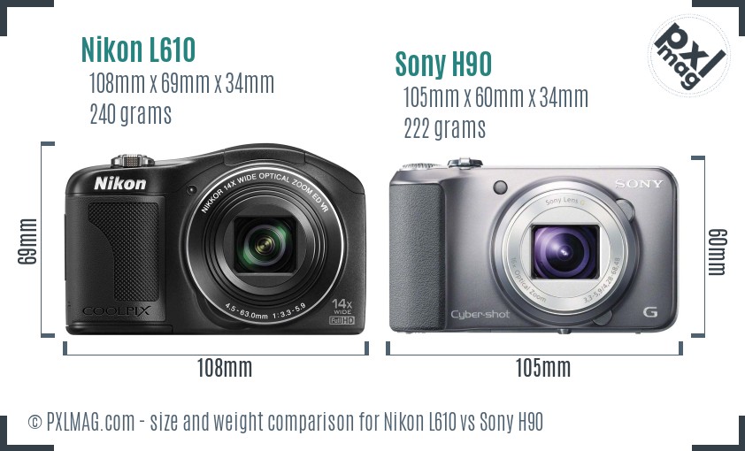 Nikon L610 vs Sony H90 size comparison