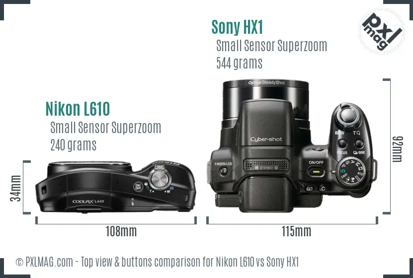 Nikon L610 vs Sony HX1 top view buttons comparison