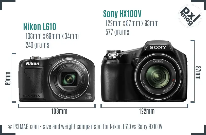 Nikon L610 vs Sony HX100V size comparison