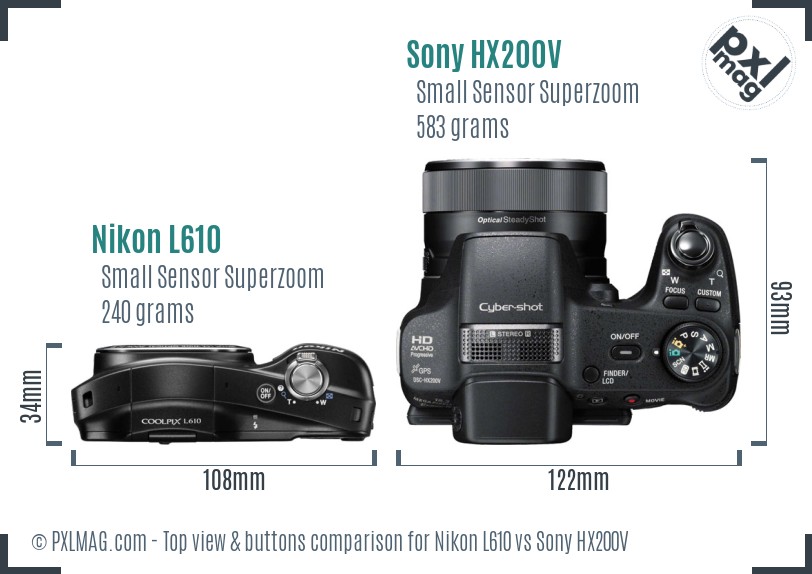 Nikon L610 vs Sony HX200V top view buttons comparison