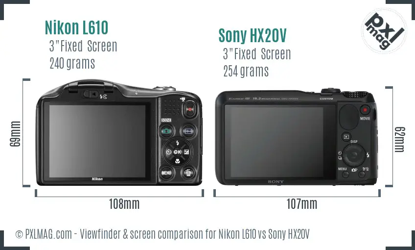 Nikon L610 vs Sony HX20V Screen and Viewfinder comparison