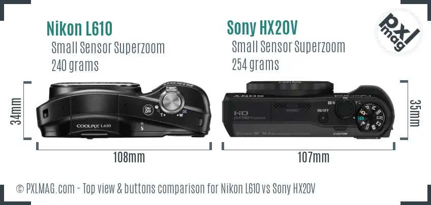 Nikon L610 vs Sony HX20V top view buttons comparison