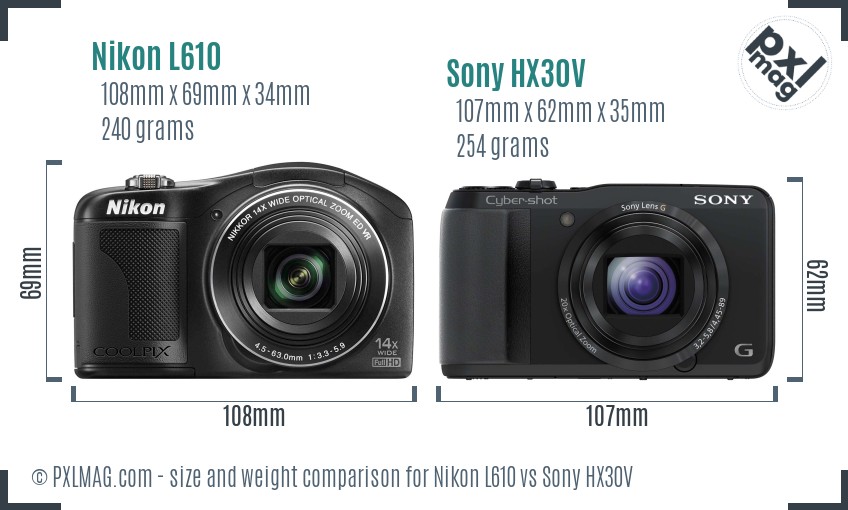 Nikon L610 vs Sony HX30V size comparison