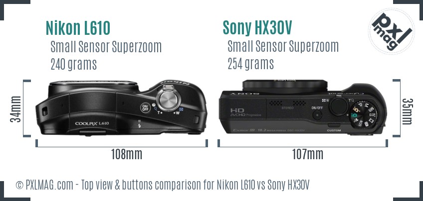 Nikon L610 vs Sony HX30V top view buttons comparison