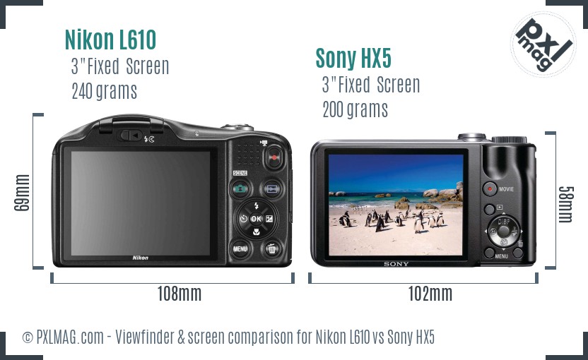 Nikon L610 vs Sony HX5 Screen and Viewfinder comparison