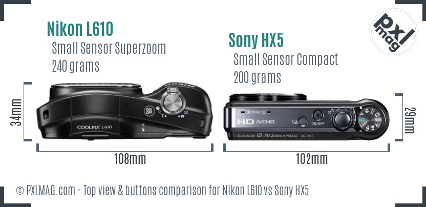 Nikon L610 vs Sony HX5 top view buttons comparison