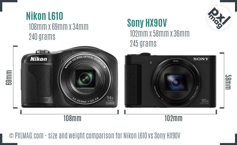 Nikon L610 vs Sony HX90V size comparison