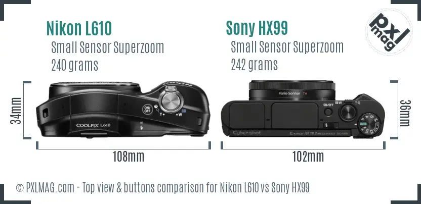 Nikon L610 vs Sony HX99 top view buttons comparison