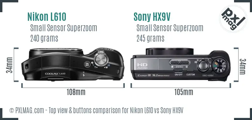 Nikon L610 vs Sony HX9V top view buttons comparison