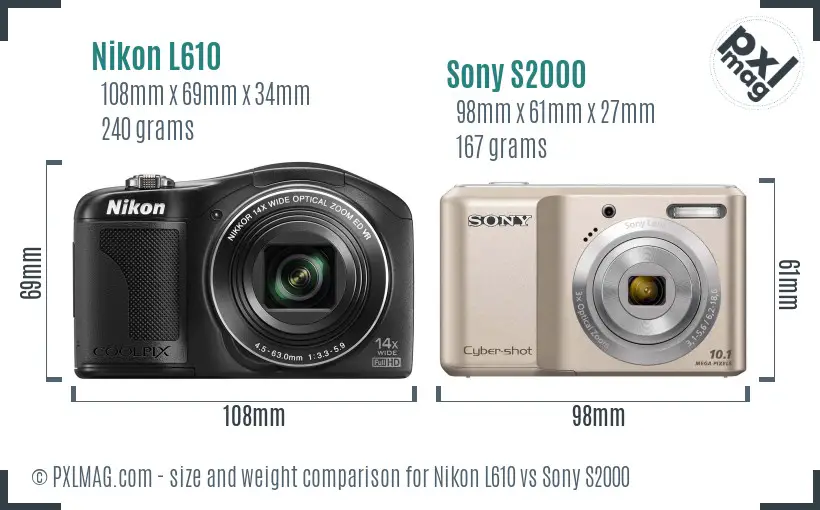 Nikon L610 vs Sony S2000 size comparison