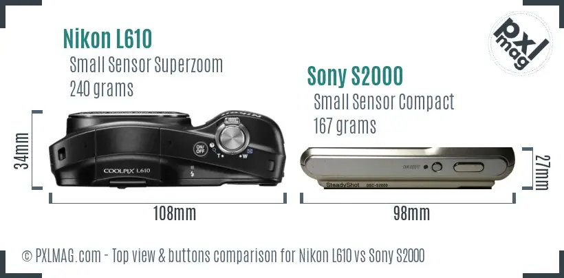 Nikon L610 vs Sony S2000 top view buttons comparison