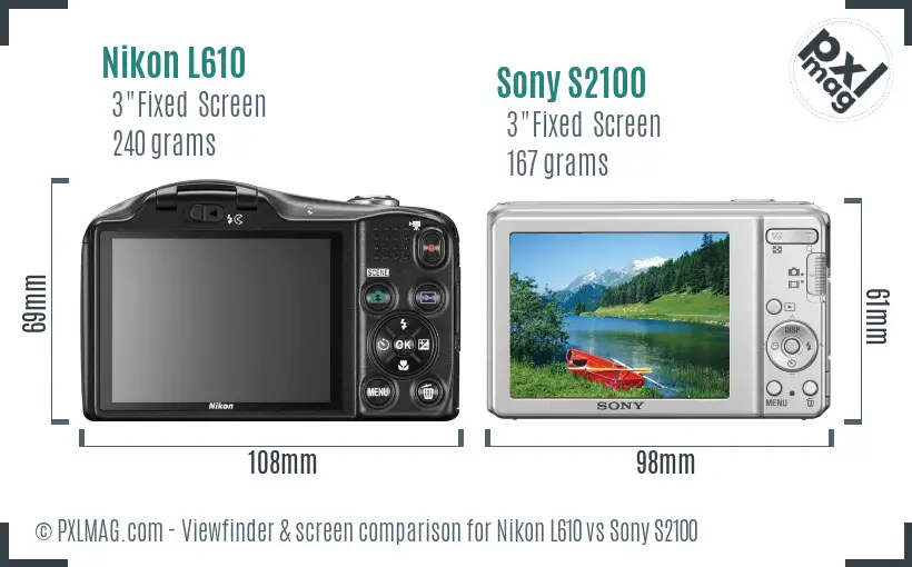 Nikon L610 vs Sony S2100 Screen and Viewfinder comparison