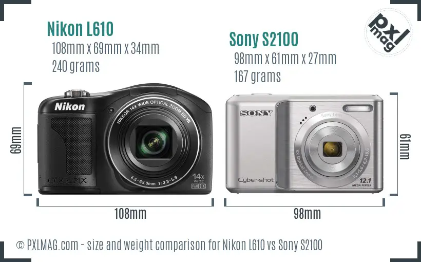 Nikon L610 vs Sony S2100 size comparison