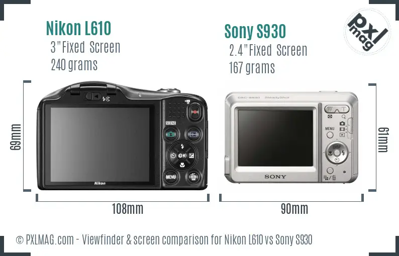 Nikon L610 vs Sony S930 Screen and Viewfinder comparison