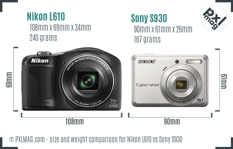 Nikon L610 vs Sony S930 size comparison