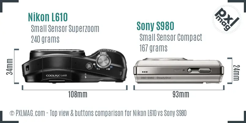 Nikon L610 vs Sony S980 top view buttons comparison Nikon L610 vs Sony S980 top view buttons comparison