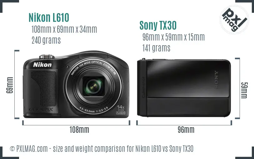 Nikon L610 vs Sony TX30 size comparison