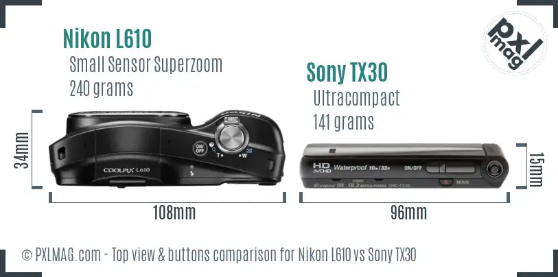 Nikon L610 vs Sony TX30 top view buttons comparison