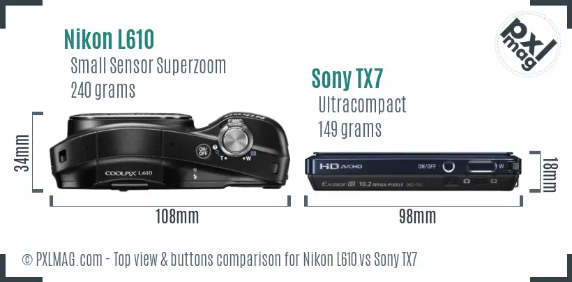 Nikon L610 vs Sony TX7 top view buttons comparison