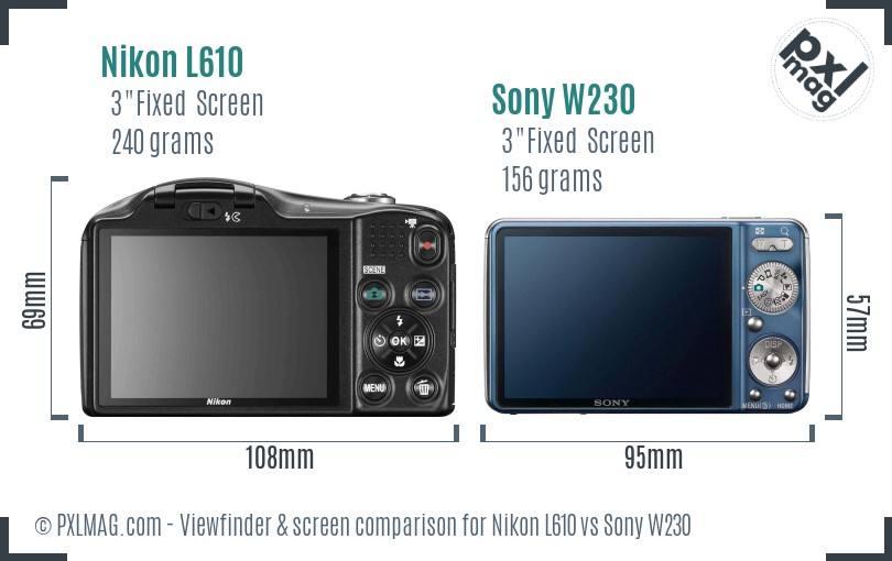 Nikon L610 vs Sony W230 Screen and Viewfinder comparison
