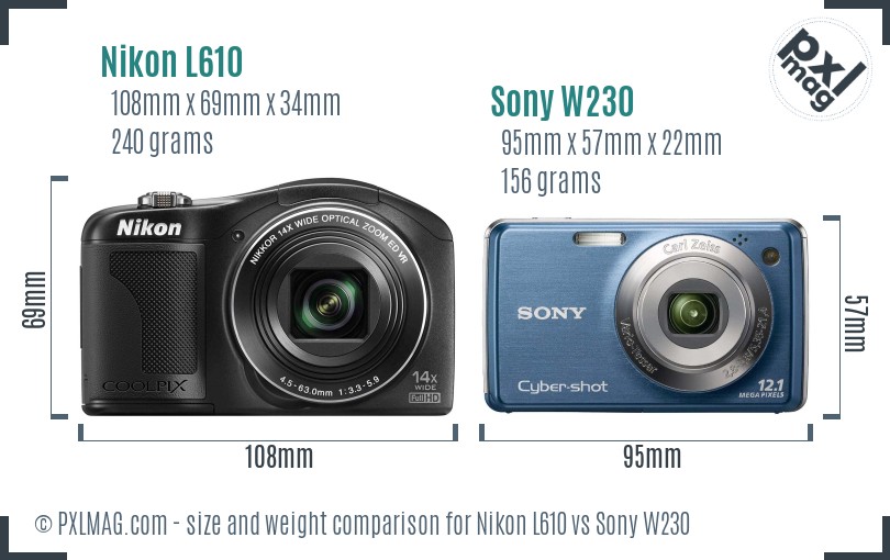 Nikon L610 vs Sony W230 size comparison