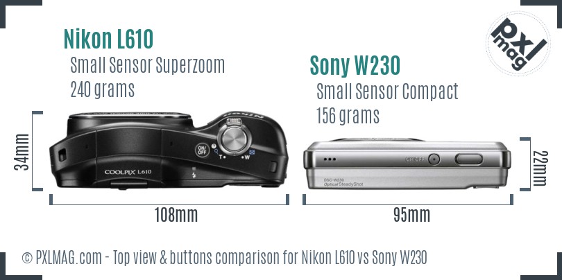 Nikon L610 vs Sony W230 top view buttons comparison