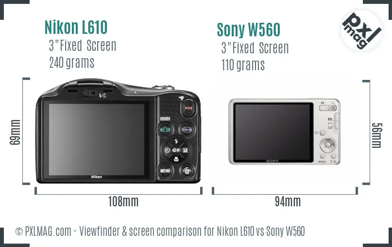 Nikon L610 vs Sony W560 Screen and Viewfinder comparison