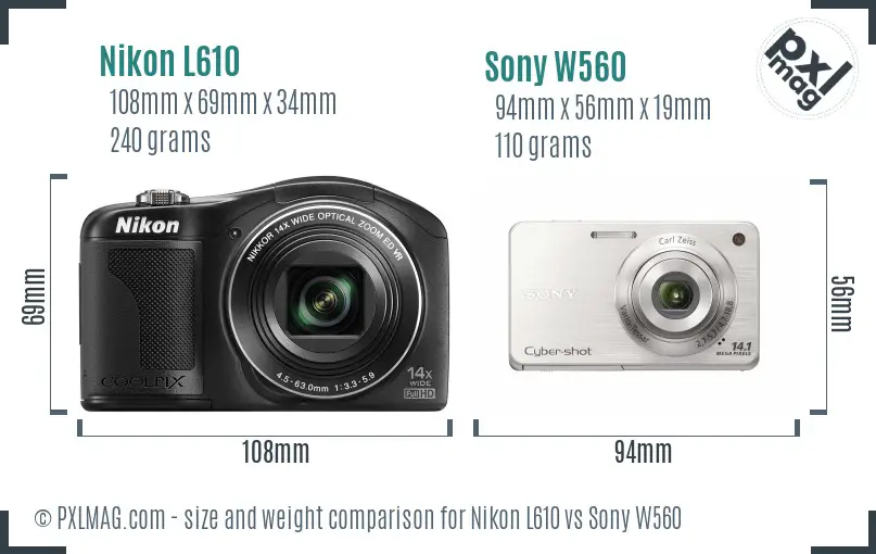 Nikon L610 vs Sony W560 size comparison