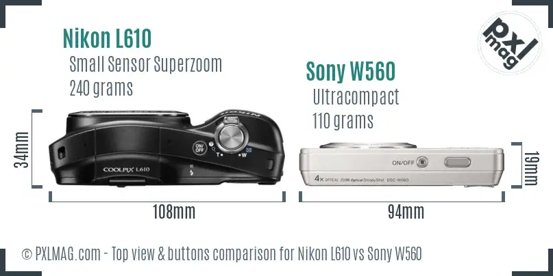 Nikon L610 vs Sony W560 top view buttons comparison