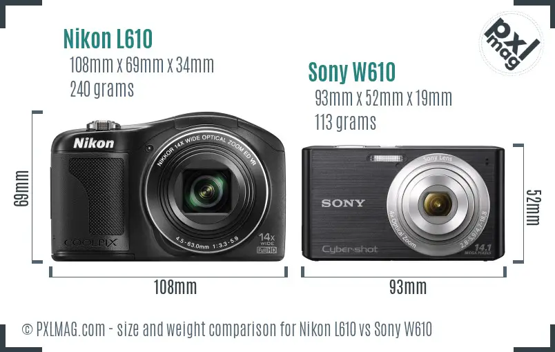 Nikon L610 vs Sony W610 size comparison