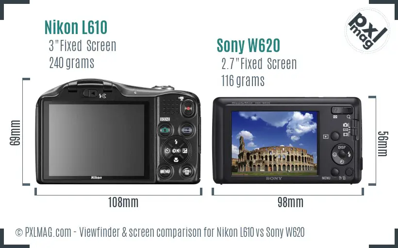 Nikon L610 vs Sony W620 Screen and Viewfinder comparison