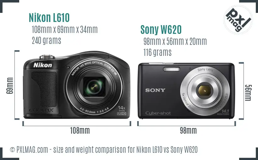 Nikon L610 vs Sony W620 size comparison
