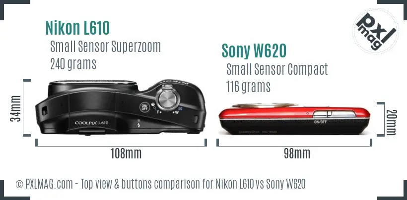 Nikon L610 vs Sony W620 top view buttons comparison