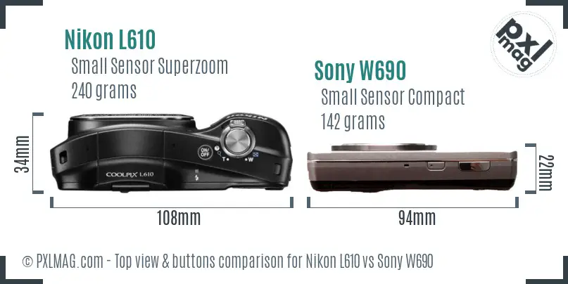 Nikon L610 vs Sony W690 top view buttons comparison