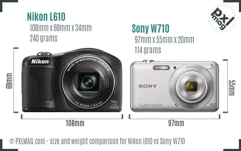 Nikon L610 vs Sony W710 size comparison