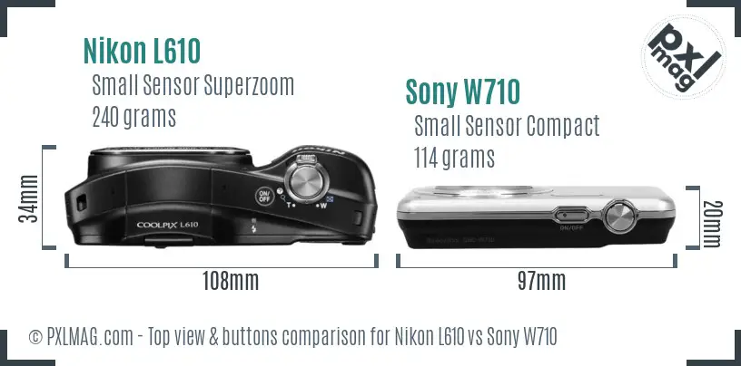 Nikon L610 vs Sony W710 top view buttons comparison